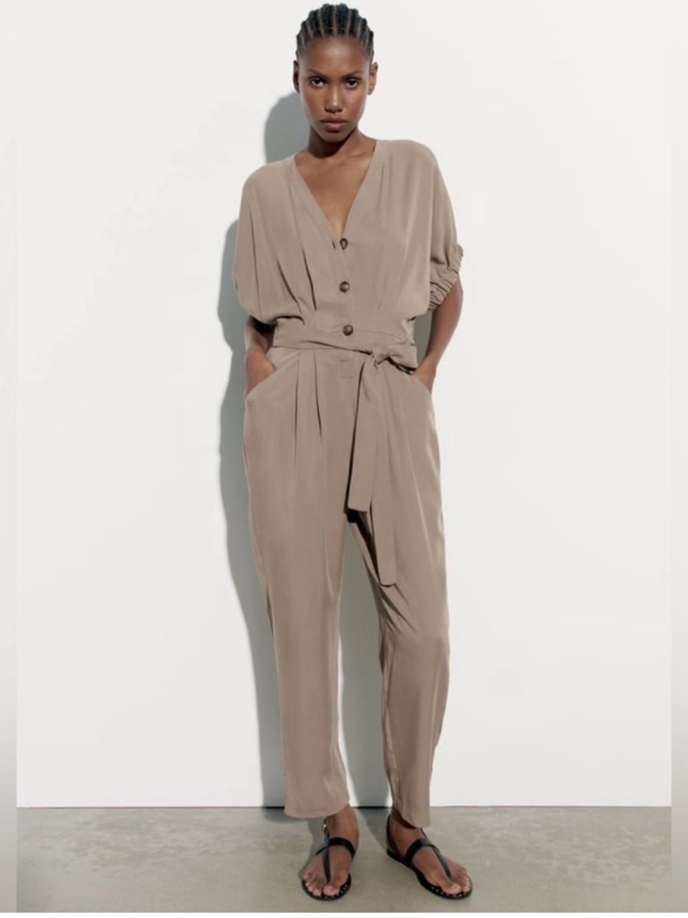 Zara Long Belted Mid-Camel Jumpsuit-Size Medium
